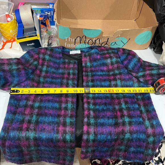 Vintage Lombardi Open Front Colorful Fuzzy Plaid Blazer Jacket Womens Medium 80s - Picture 9 of 10